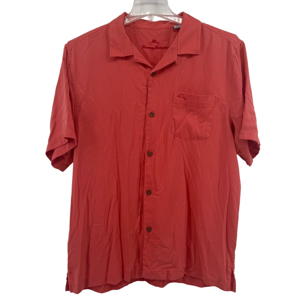 Tommy Bahama Mens Coral Silk Polyester Short Sleeve Button Up Shirt Size Large